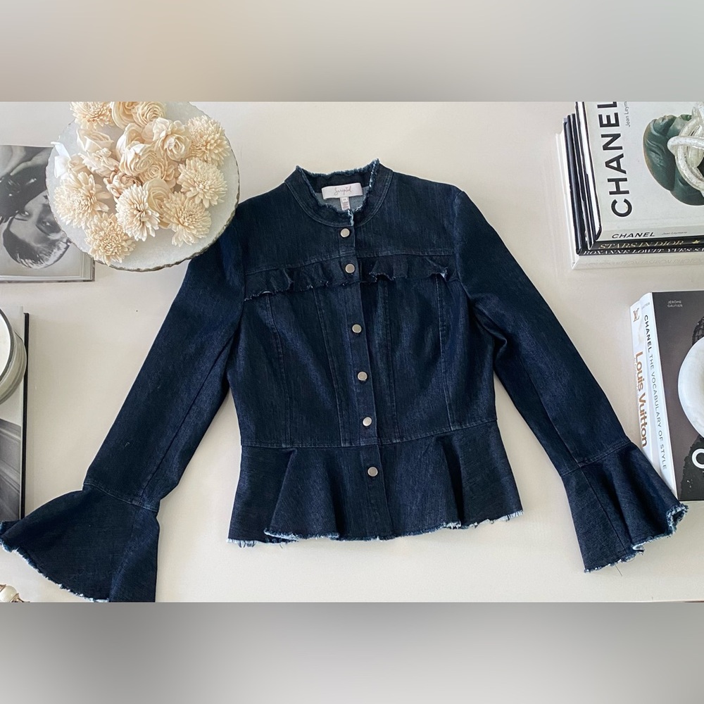 Scripted Women's Dark Blue Jean Jacket with Ruffle Details - Picture 6 of 14